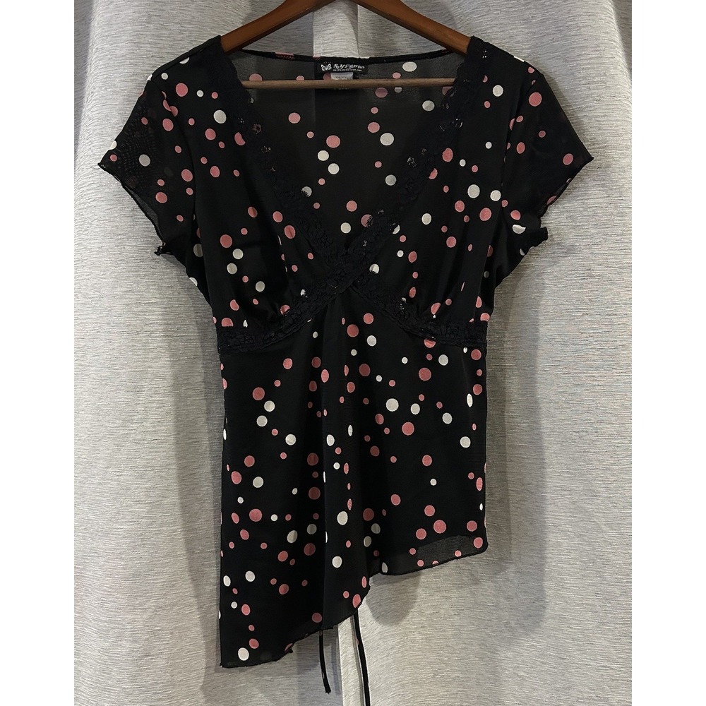 Vintage 90s Y2K Self Esteem Pink Floral Top Asymmetric Hem Polka Dot Lace